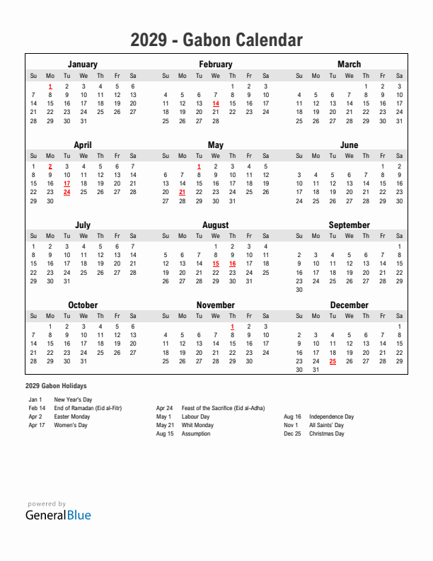 Year 2029 Simple Calendar With Holidays in Gabon