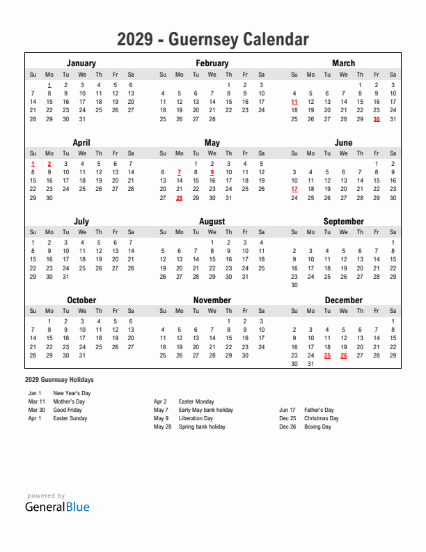 Year 2029 Simple Calendar With Holidays in Guernsey