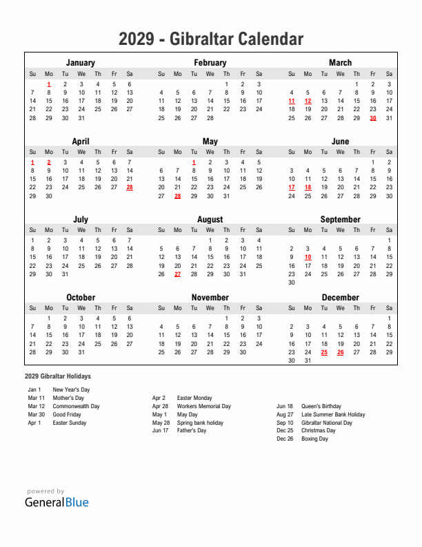 Year 2029 Simple Calendar With Holidays in Gibraltar