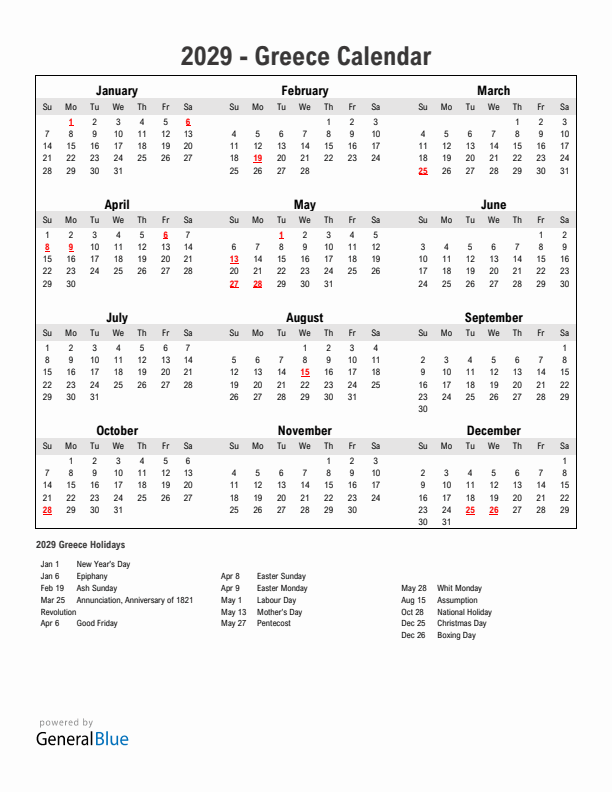 Year 2029 Simple Calendar With Holidays in Greece