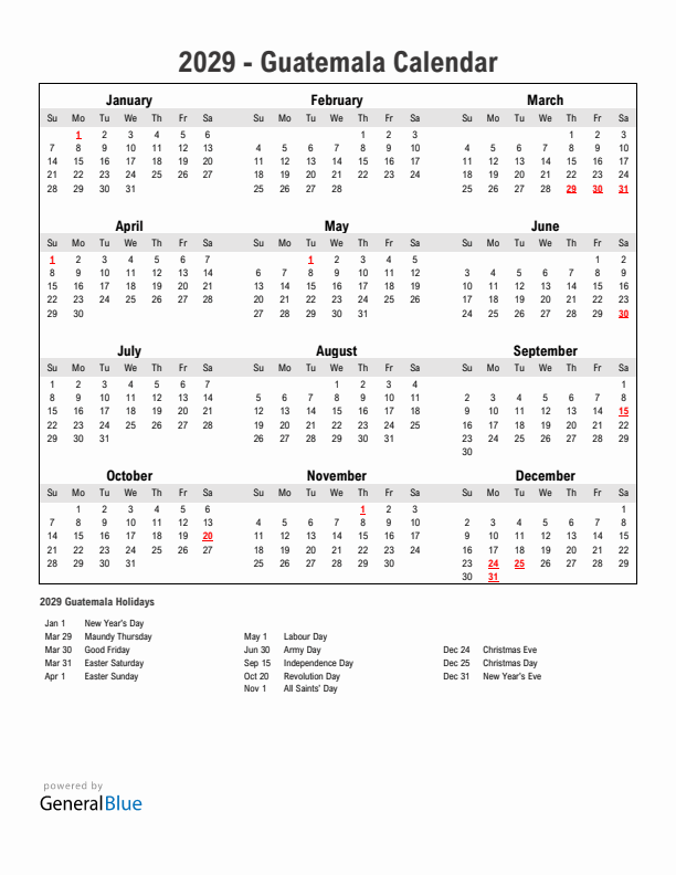 Year 2029 Simple Calendar With Holidays in Guatemala