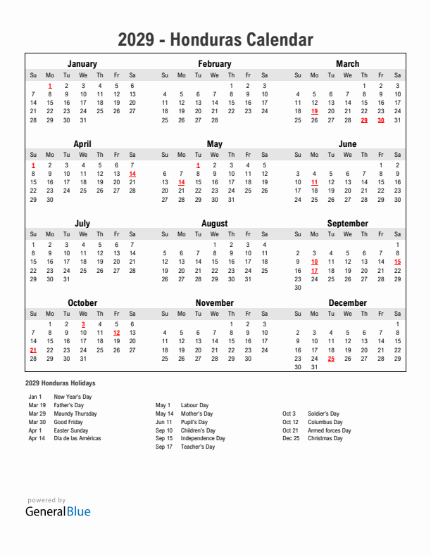 Year 2029 Simple Calendar With Holidays in Honduras