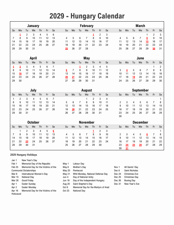 Year 2029 Simple Calendar With Holidays in Hungary