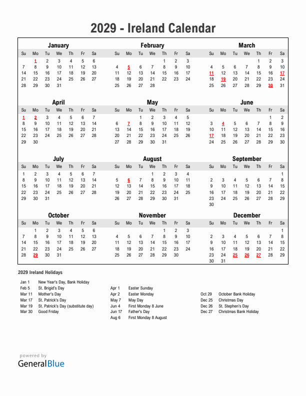 Year 2029 Simple Calendar With Holidays in Ireland