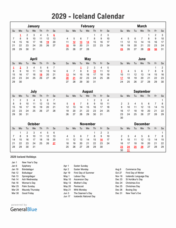 Year 2029 Simple Calendar With Holidays in Iceland