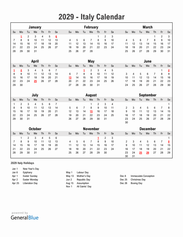 Year 2029 Simple Calendar With Holidays in Italy