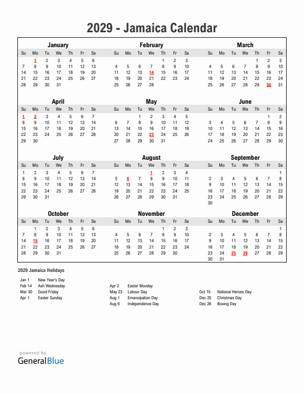 Year 2029 Simple Calendar With Holidays in Jamaica