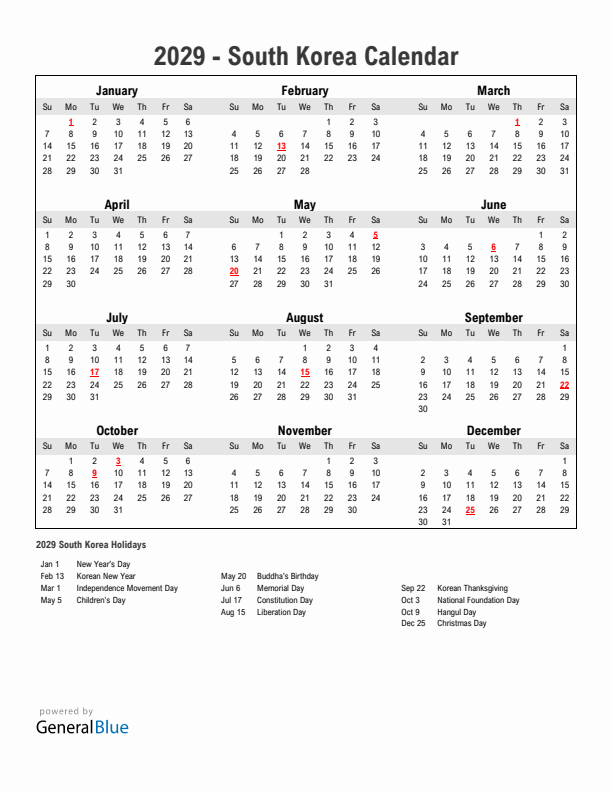 Year 2029 Simple Calendar With Holidays in South Korea