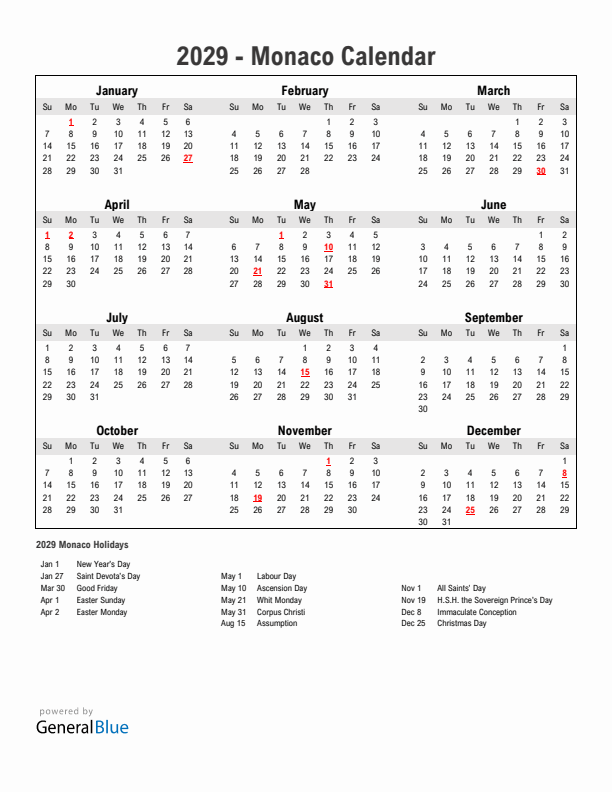 Year 2029 Simple Calendar With Holidays in Monaco