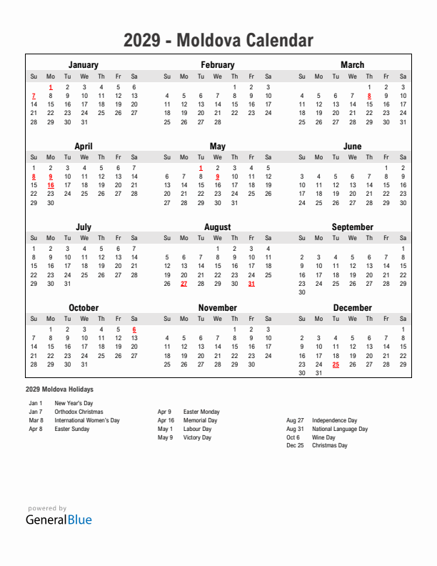 Year 2029 Simple Calendar With Holidays in Moldova