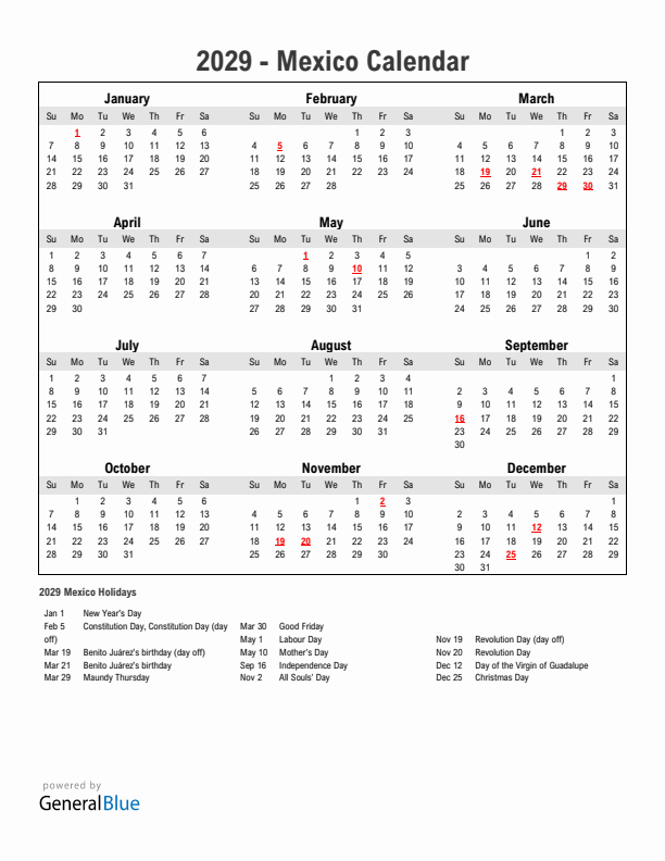 Year 2029 Simple Calendar With Holidays in Mexico