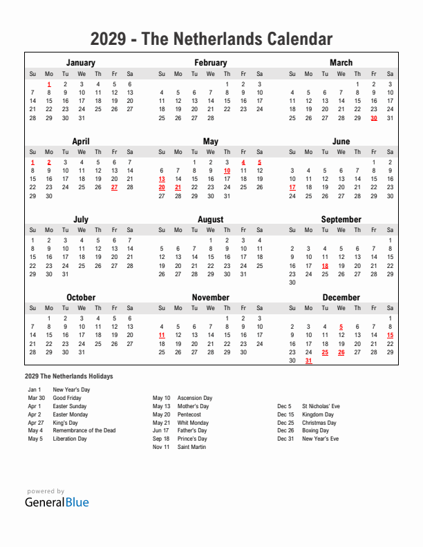 Year 2029 Simple Calendar With Holidays in The Netherlands