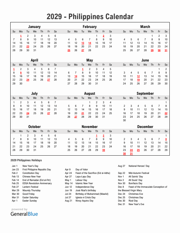 Year 2029 Simple Calendar With Holidays in Philippines