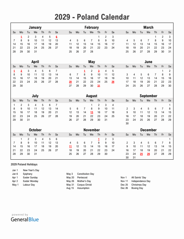 Year 2029 Simple Calendar With Holidays in Poland