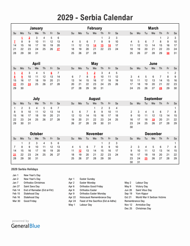 Year 2029 Simple Calendar With Holidays in Serbia