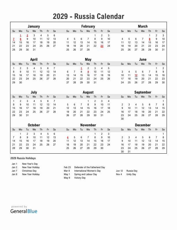 Year 2029 Simple Calendar With Holidays in Russia