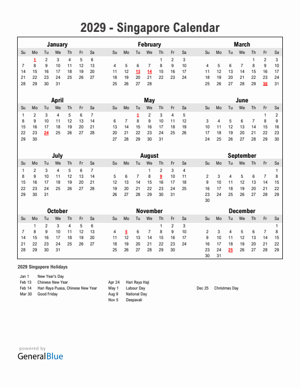 Year 2029 Simple Calendar With Holidays in Singapore