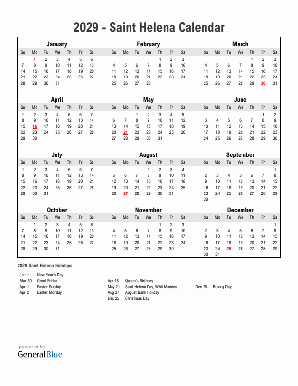 Year 2029 Simple Calendar With Holidays in Saint Helena