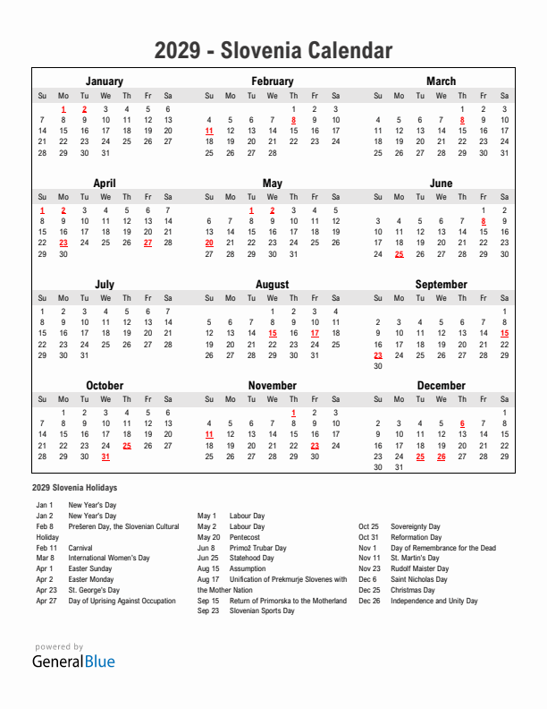 Year 2029 Simple Calendar With Holidays in Slovenia