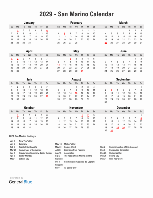 Year 2029 Simple Calendar With Holidays in San Marino