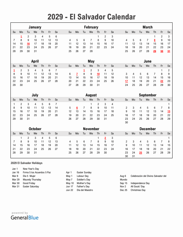 Year 2029 Simple Calendar With Holidays in El Salvador