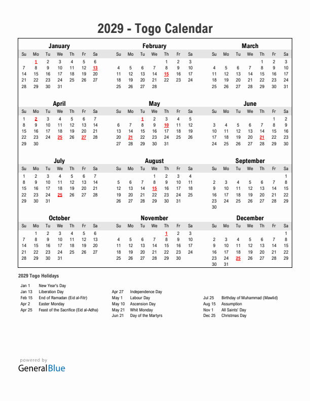 Year 2029 Simple Calendar With Holidays in Togo