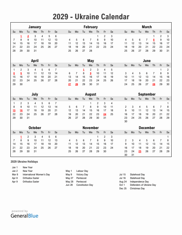 Year 2029 Simple Calendar With Holidays in Ukraine