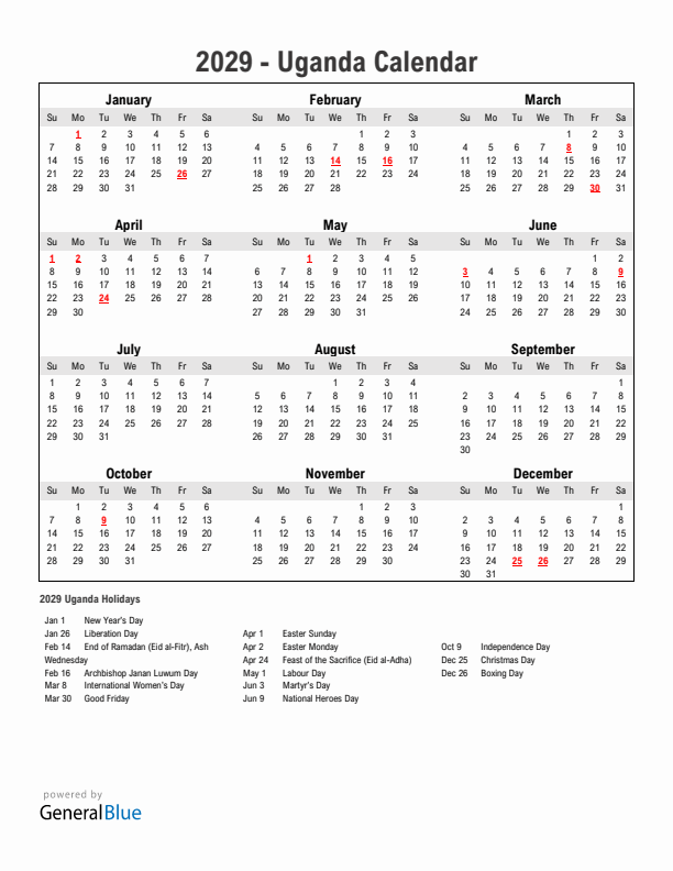 Year 2029 Simple Calendar With Holidays in Uganda