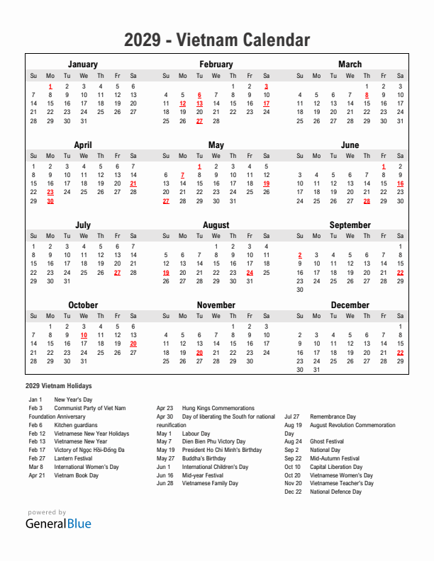 Year 2029 Simple Calendar With Holidays in Vietnam