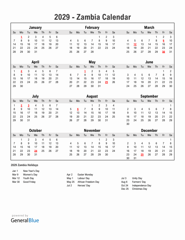 Year 2029 Simple Calendar With Holidays in Zambia