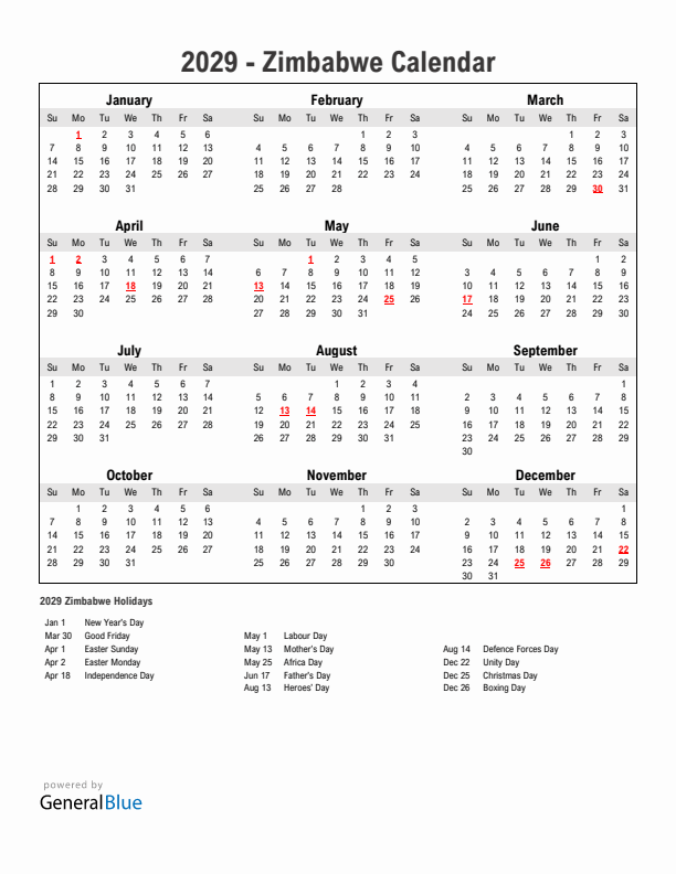 Year 2029 Simple Calendar With Holidays in Zimbabwe