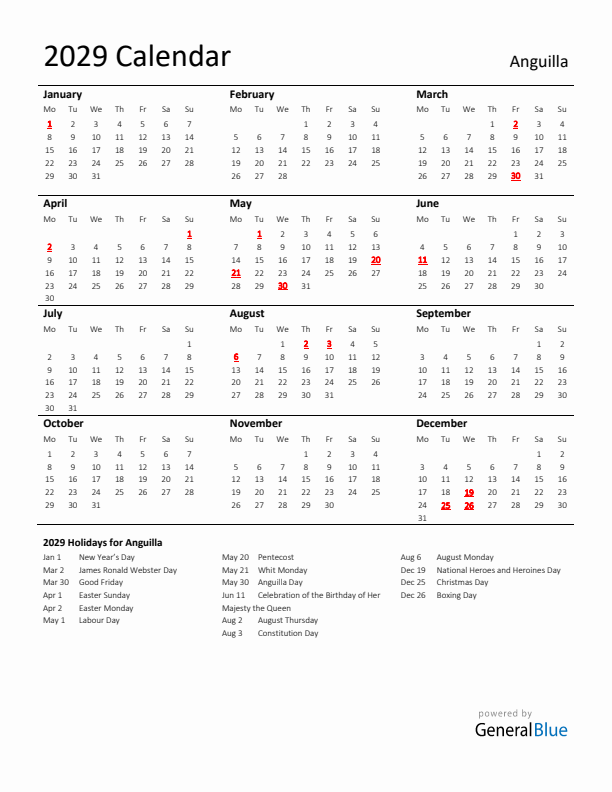 Standard Holiday Calendar for 2029 with Anguilla Holidays 