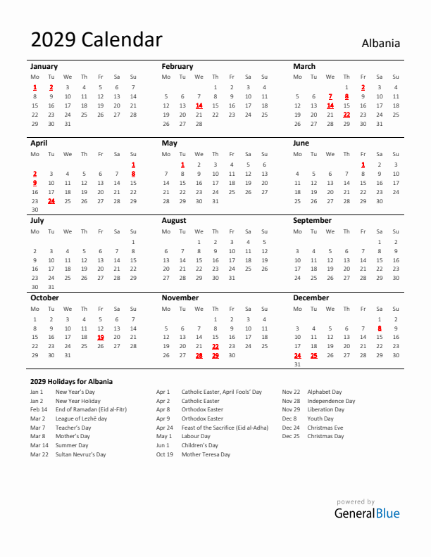 Standard Holiday Calendar for 2029 with Albania Holidays 