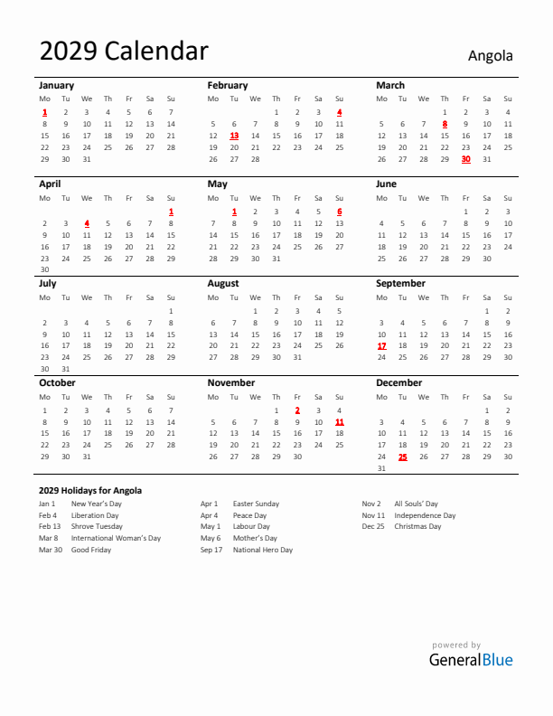 Standard Holiday Calendar for 2029 with Angola Holidays 