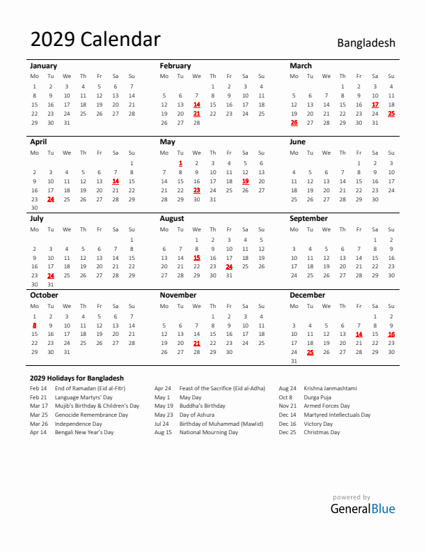 Standard Holiday Calendar for 2029 with Bangladesh Holidays 