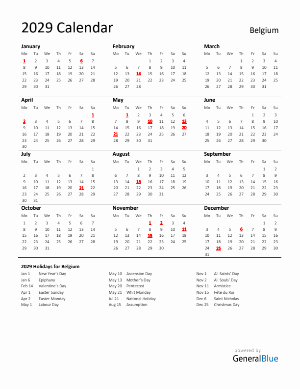 Standard Holiday Calendar for 2029 with Belgium Holidays 