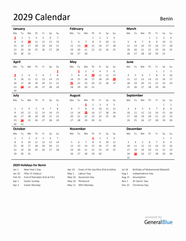 Standard Holiday Calendar for 2029 with Benin Holidays 