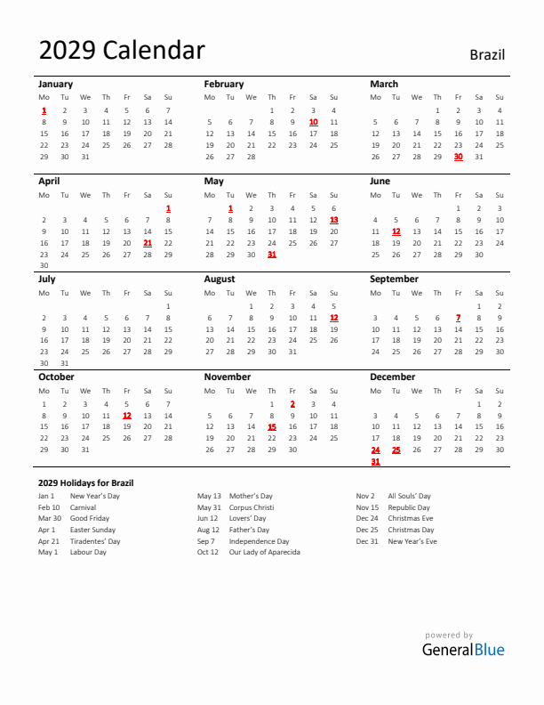 Standard Holiday Calendar for 2029 with Brazil Holidays 