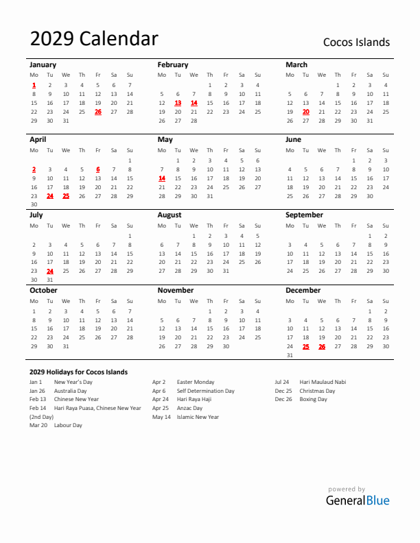 Standard Holiday Calendar for 2029 with Cocos Islands Holidays 