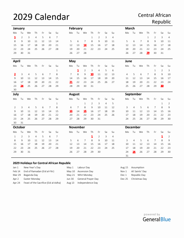 Standard Holiday Calendar for 2029 with Central African Republic Holidays 