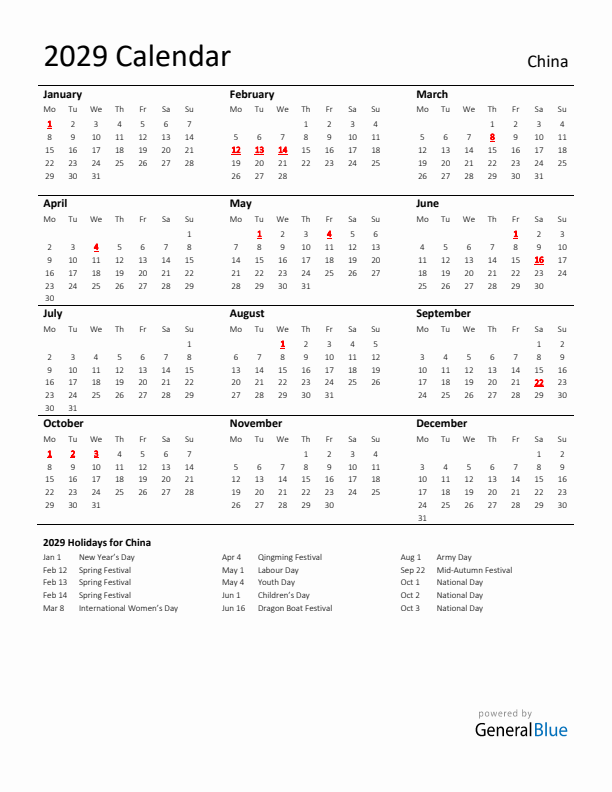 Standard Holiday Calendar for 2029 with China Holidays 