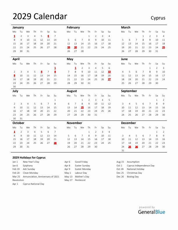 Standard Holiday Calendar for 2029 with Cyprus Holidays 