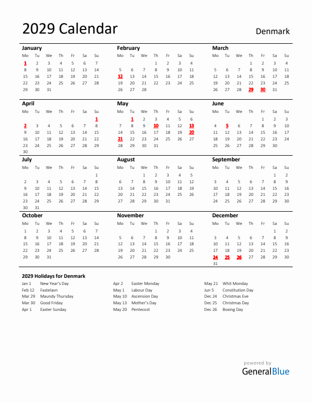 Standard Holiday Calendar for 2029 with Denmark Holidays 