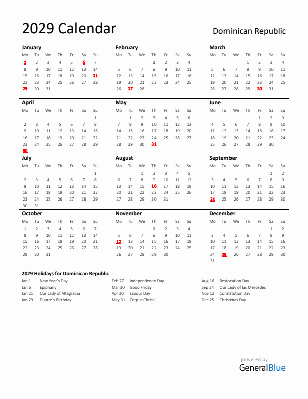 Standard Holiday Calendar for 2029 with Dominican Republic Holidays 