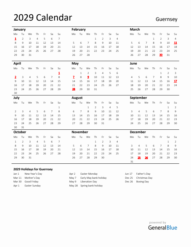 Standard Holiday Calendar for 2029 with Guernsey Holidays 