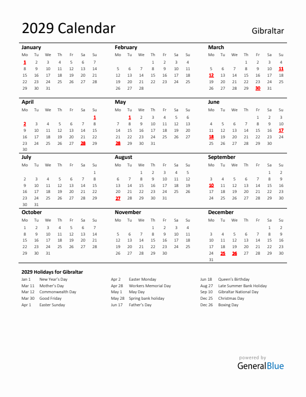 Standard Holiday Calendar for 2029 with Gibraltar Holidays 