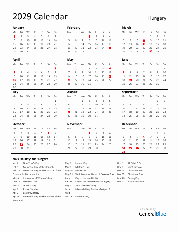 Standard Holiday Calendar for 2029 with Hungary Holidays 