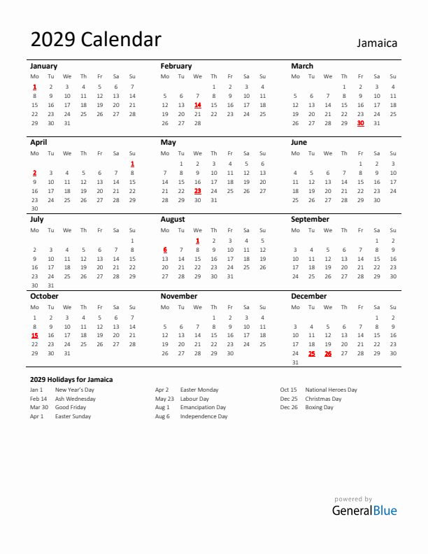 Standard Holiday Calendar for 2029 with Jamaica Holidays 