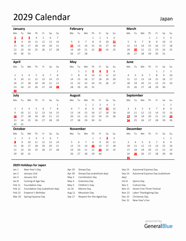 Standard Holiday Calendar for 2029 with Japan Holidays 