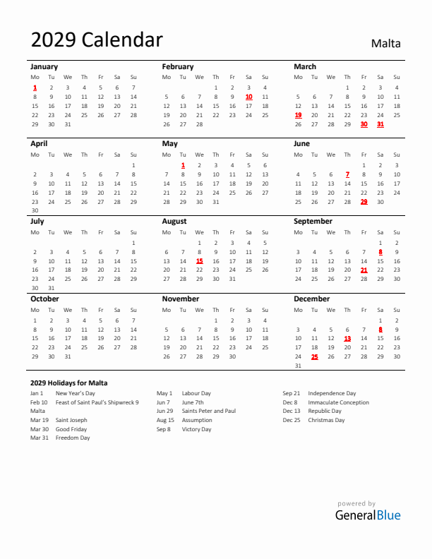 Standard Holiday Calendar for 2029 with Malta Holidays 